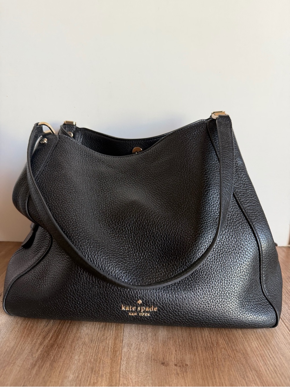 kate spade Black Pebbled Leather Shoulder Hobo with Gold Logo